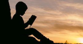 photo credit Aaron Burden. a photograph of a child reading outside, leaning against a tree, silhouetted against the setting sun