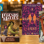 a collage of four of the fantasy book listed against a coffee shop background